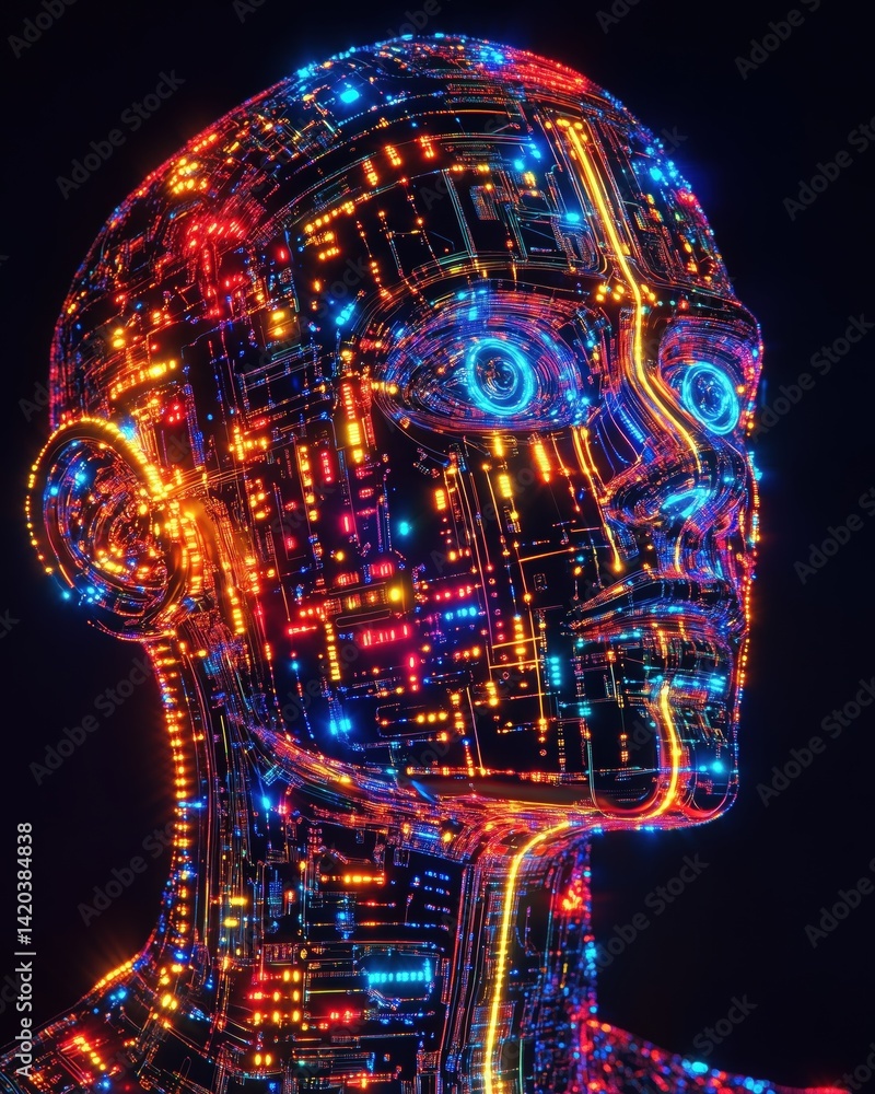 Poster a futuristic humanoid figure composed of glowing circuits and lights, showcasing a blend of technolo