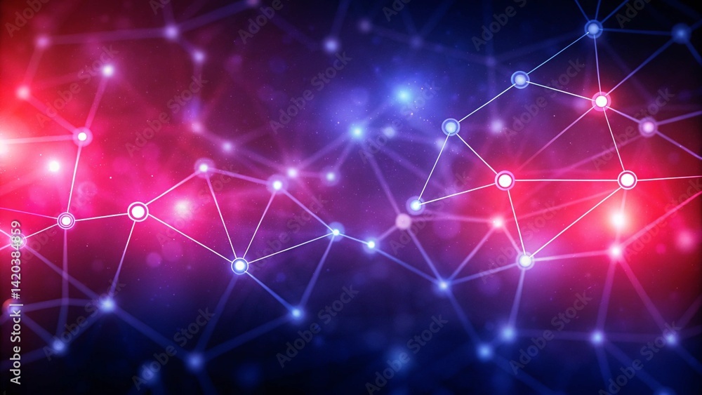 Poster illustration purple technology background with glowing connected dots, futuristic digital data netwo