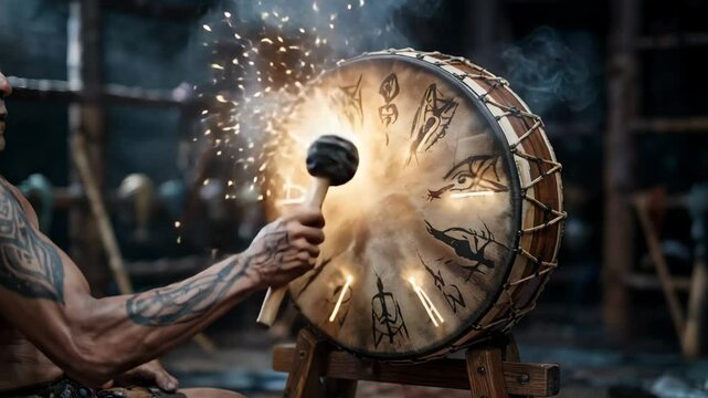 Intense drumming on a decorated shamanic drum with sparks and smoke