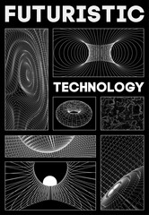 3D vector graphic cyberpunk abstract background line poster design. Digital icon glitch pattern in black modern set with hud art. Retro geometric element minimal tech pixel dark shape trendy grid.