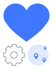 Blue heart above gear and globe with location pins, suggesting love, innovation, worldwide connection, teamwork, navigation, partnership, and social impact. Ideal for apps nonprofit technology