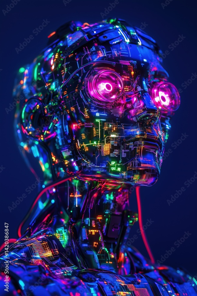 Poster A futuristic robot with a metallic surface illuminated by colorful LED lights, showcasing intricate circuit patterns. The robot's eyes glow with vibrant pink light, creating a striking visual effect.