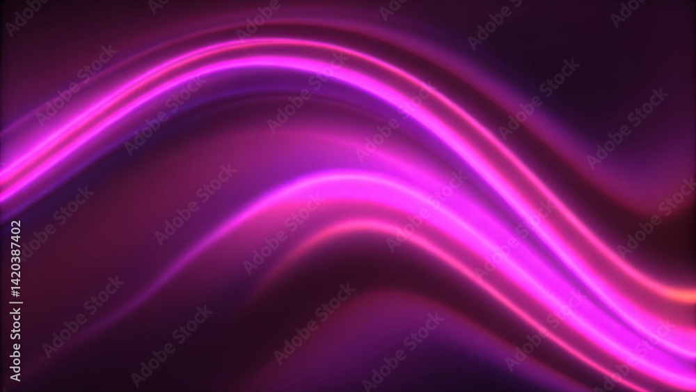 Poster Neon light motion. Glowing wave. Blur luminous purple pink color gradient curve lines trail on dark black abstract futuristic art illustration background. Digital energy swirl flow pattern shape.