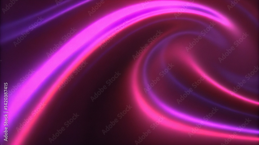 Poster Neon light motion. Glowing wave. Blur luminous purple pink color gradient curve lines trail on dark black abstract futuristic art illustration background. Digital energy swirl flow pattern shape.