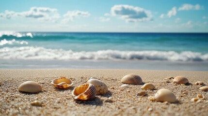Obraz premium Seashells scattered on a sandy beach under a clear blue sky
