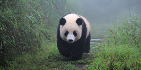 Obraz premium A Majestic Panda Walks Through Misty Bamboo Forest