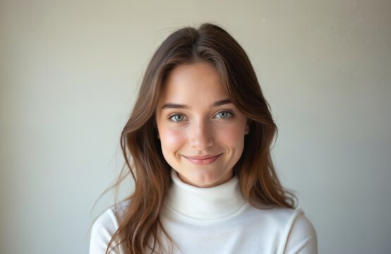 Portrait young woman with green eyes smiles. Happy cheerful face with natural makeup. Long brown hair and white sweater. Beautiful person looks straight. Positive emotions.