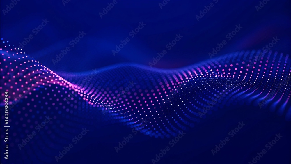 Poster Particle stream. Purple background with many glowing particles. Information technology background. 3d rendering. Futuristic digital motion trail effect in cyberspace with glowing elements.