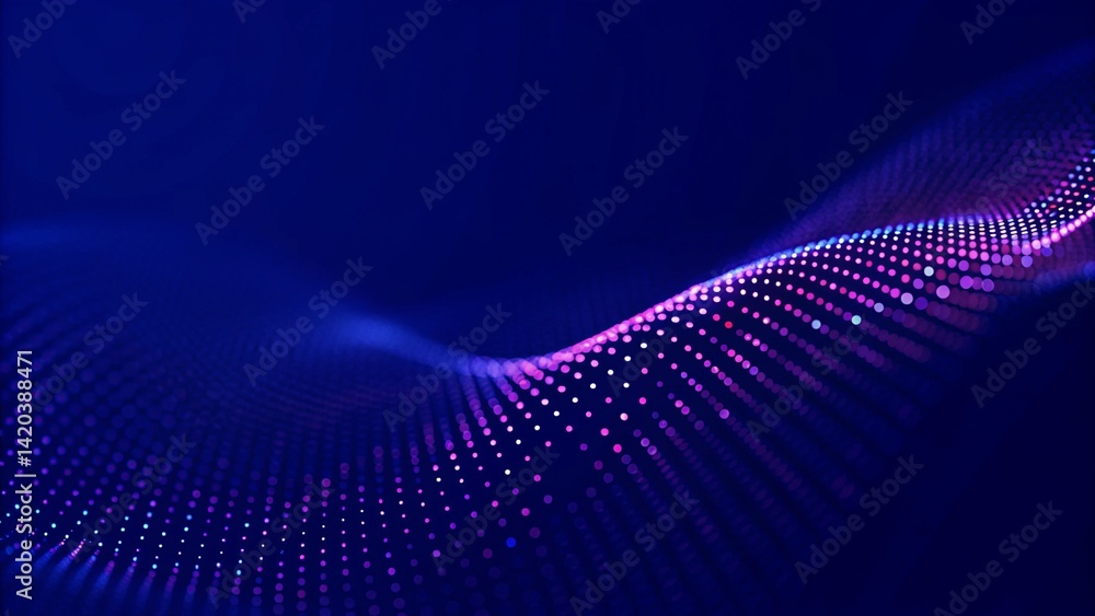 Poster Particle stream. Purple background with many glowing particles. Information technology background. 3d rendering. Futuristic digital motion trail effect in cyberspace with glowing elements.