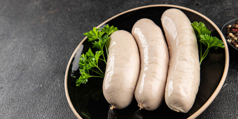 White sausage meat dish fresh bratwurst sausage dish fresh delicious gourmet food background on the...