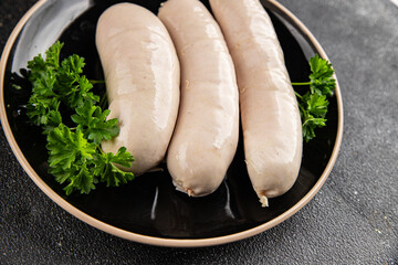 White sausage meat dish fresh bratwurst sausage dish fresh delicious gourmet food background on the...