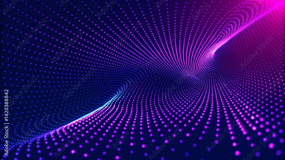 Poster Particle stream. Purple background with many glowing particles. Information technology background. 3d rendering. Futuristic digital motion trail effect in cyberspace with glowing elements