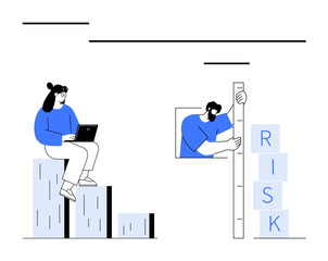 Person on bar graph with laptop, another stacking and measuring risk blocks. Ideal for analysis, risk management, business growth, finance strategy, teamwork, goal setting, simple landing page