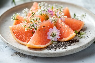 Pink grapefruit slices with flowers and chia seeds on a plate