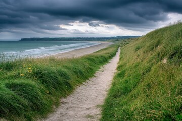 Omaha Beach: A Historical Pathway Through Nature and Memorials on Normandy's Overcast Shores