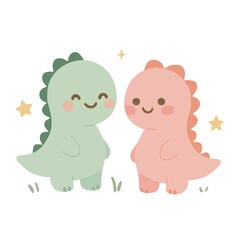 Cute pastel baby dinosaur illustration on white background – kawaii green and pink cartoon dinos with yellow stars for children’s products and nursery decor