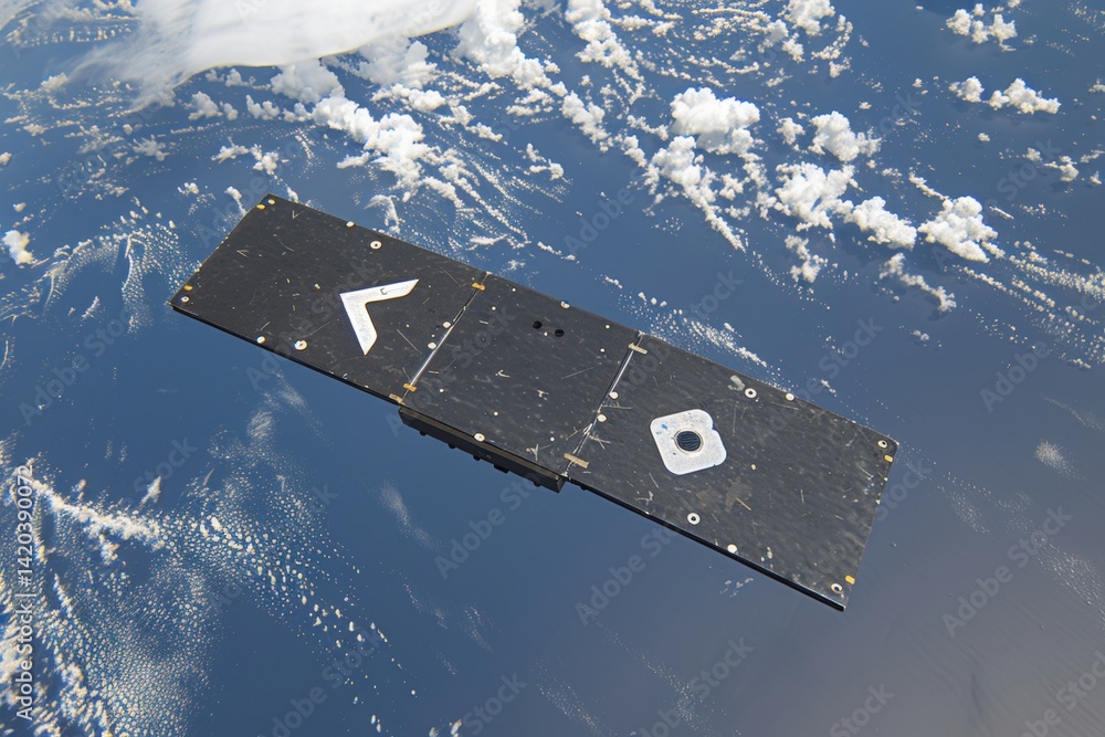 Poster a satellite orbiting earth, capturing a view of clouds and ocean below with a sleek, rectangular des