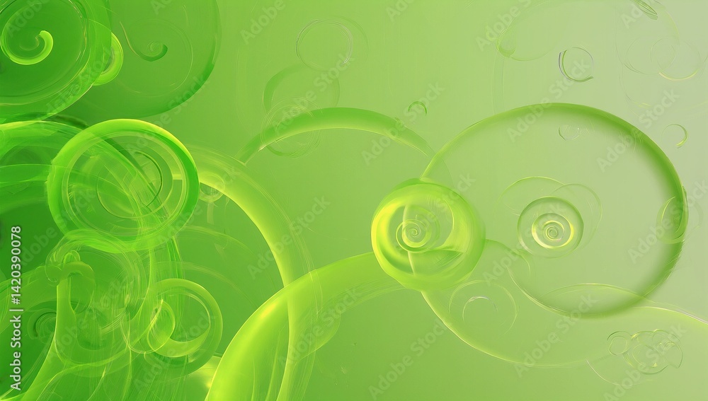 Poster vibrant abstraction with swirling green shapes and soft circular forms in an artistic background
