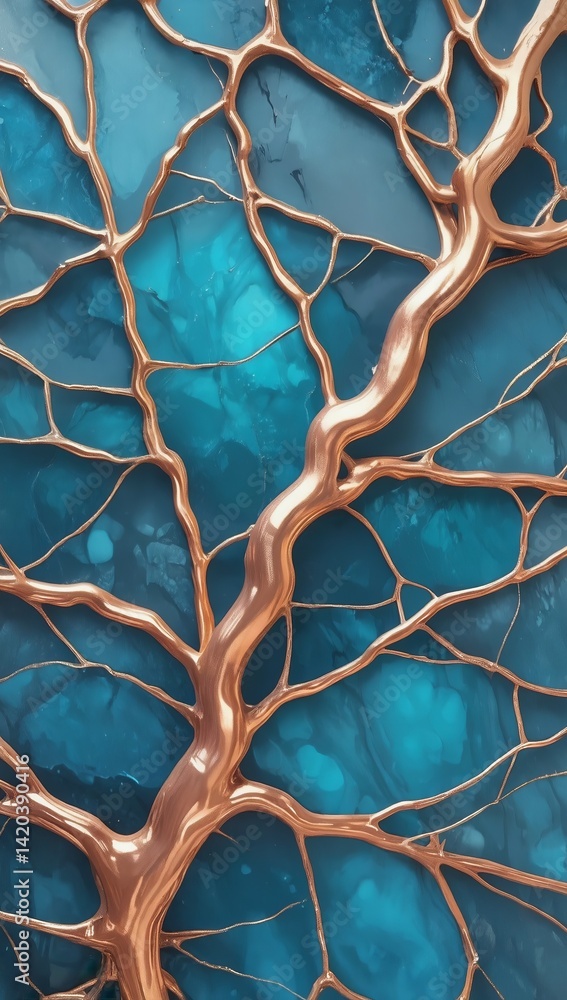 Poster abstract copper and turquoise design showcasing intricate patterns of natural forms and textures