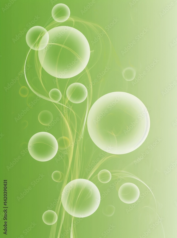 Poster abstract green background with translucent bubbles and flowing curves creating a serene atmosphere f
