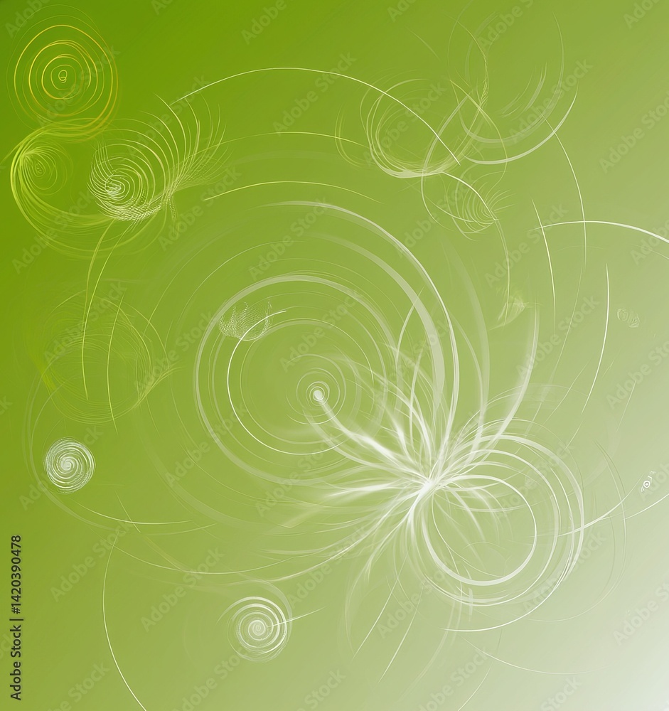 Poster exploring swirls and patterns in an abstract green background with dynamic shapes and flowing lines
