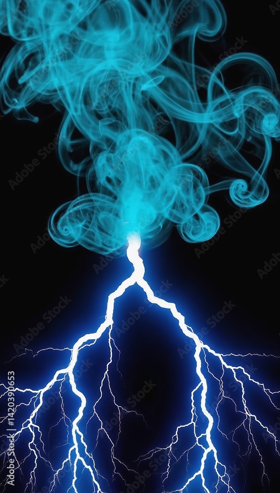 Poster dynamic blue lightning against a dark background with swirling vaporous forms creates a striking vis