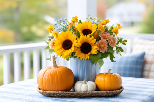 Bright fall centerpiece with sunflowers and pumpkins on a cozy outdoor table in a sunny setting