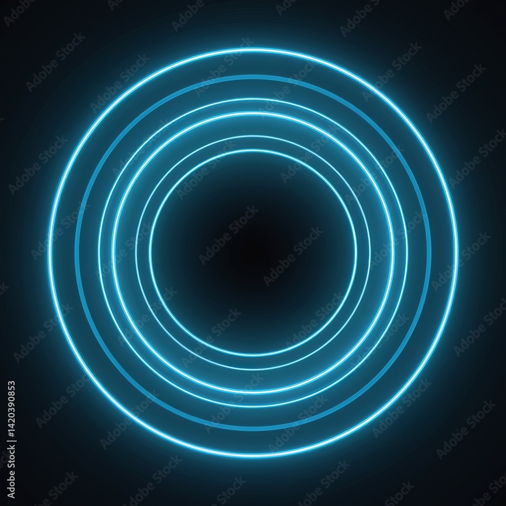 Poster circular abstract design featuring glowing blue concentric rings on a dark background creating a mod