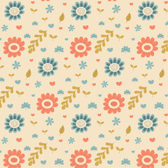 Seamless floral pattern with doodle flowers, leaves, and hearts in pastel colors. Ideal for fabric, wrapping paper, wallpapers, and children’s designs.
