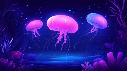Glowing jellyfish swim in ocean depths; glowing coral background; underwater scene; website banner
