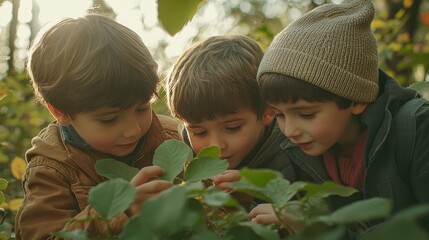 A group of four children, sitting on the forest floor near a large tree, are exploring nature.