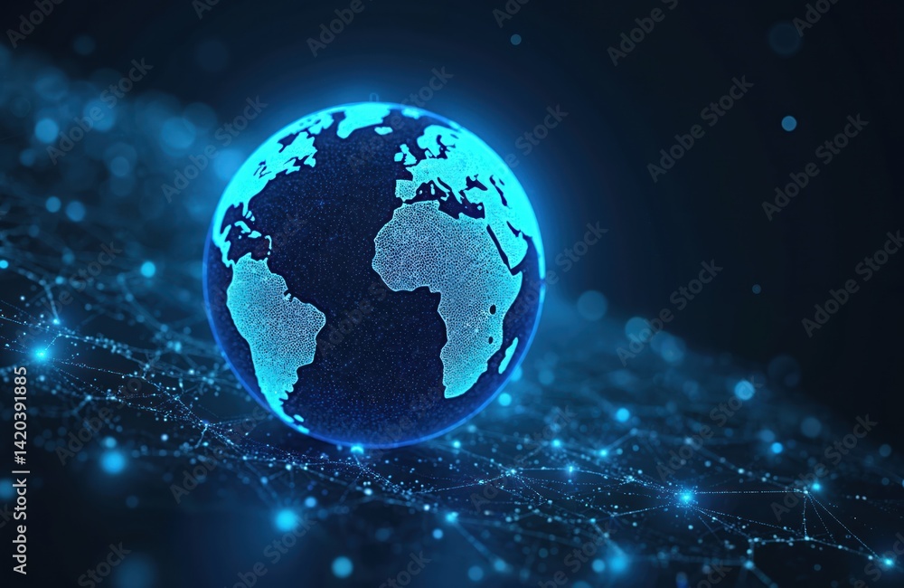 Poster digital globe with neon blue lights in deep space background. futuristic 3d illustration with hexago