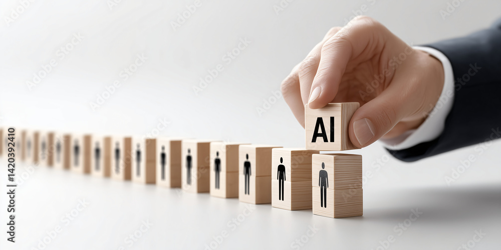 Poster ai integration: hand placing an ai block at the end of a line of human figure blocks, symbolizing th