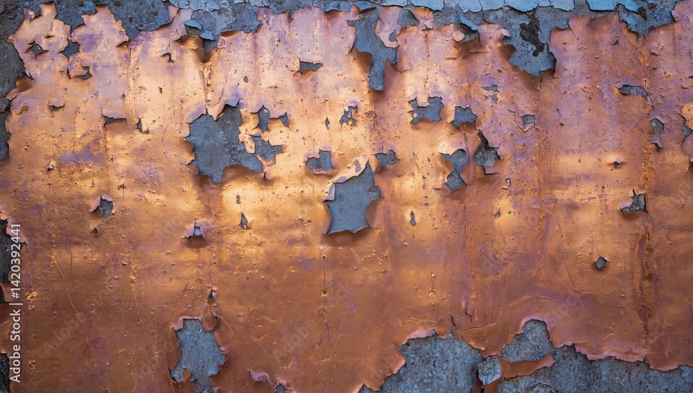 Poster abstract texture featuring peeling layers of metallic paint and weathered surfaces illuminated by so