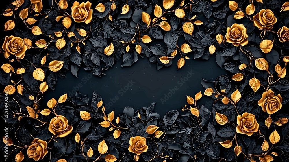 Poster golden roses and dark leaves arranged in an elegant display, with empty space in middle. perfect for