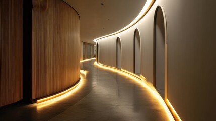 Obraz premium Modern curved hallway with soft LED path 