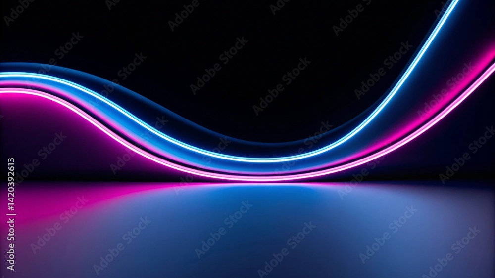 Poster 3d animation, abstract neon background pink blue ribbon, futuristic glowing swirl light, digital wav