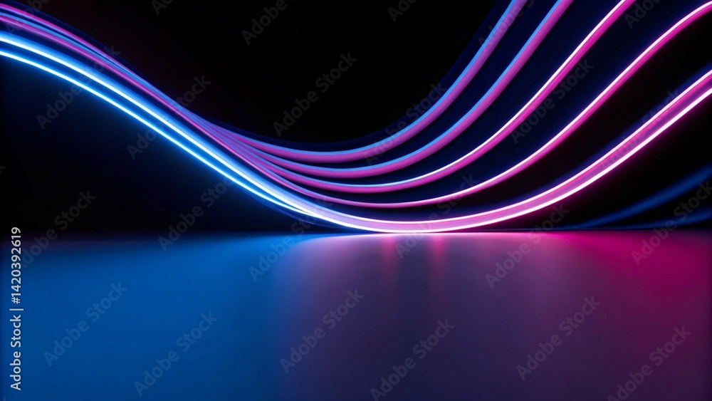 Poster 3d animation, abstract neon background pink blue ribbon, futuristic glowing swirl light, digital wav