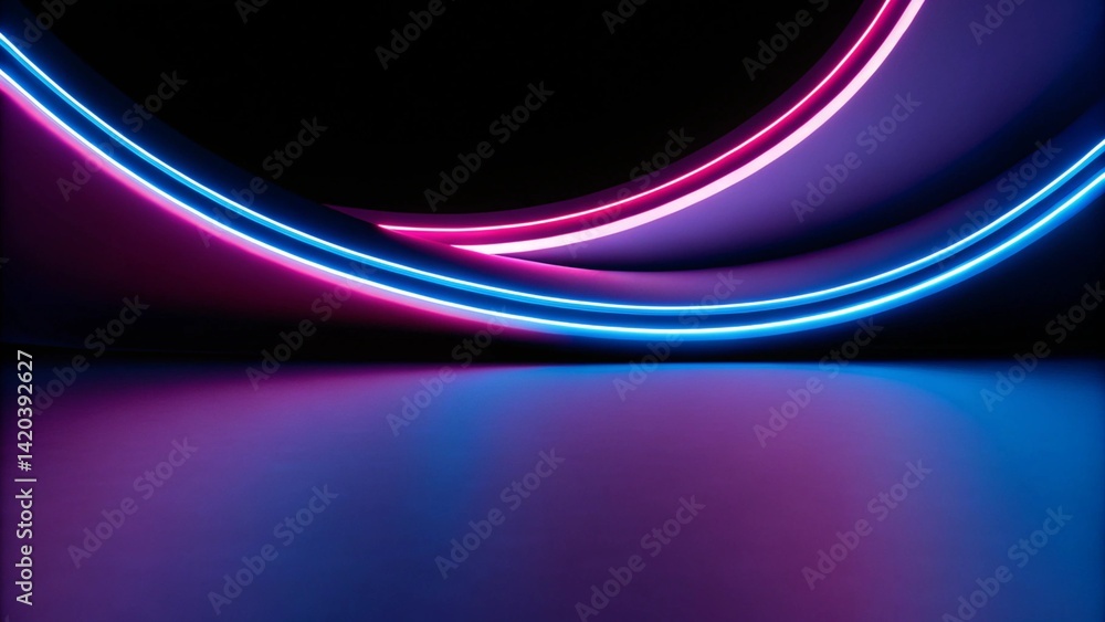 Poster 3d animation, abstract neon background pink blue ribbon, futuristic glowing swirl light, digital wav
