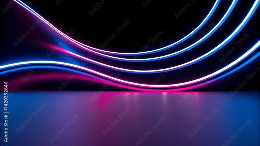 Poster 3d animation, abstract neon background pink blue ribbon, futuristic glowing swirl light, digital wav
