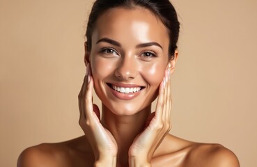 Smiling woman touches flawless glowy skin. Model with perfect makeup smiles at camera. Beauty, skincare, cosmetology concept with healthy face, radiant skin. Perfect teeth. Brunette hair studio shot.
