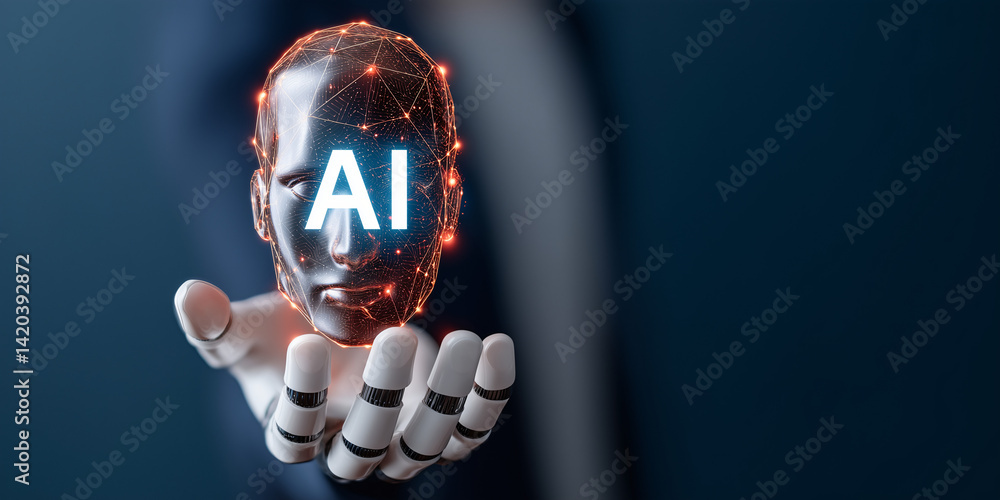 Poster ai futuristic interface: a digital, ai-enhanced robot face glows with an intelligent, data-driven au