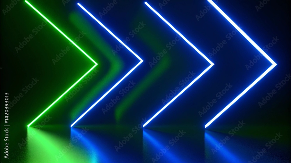 Poster 3d render, abstract panoramic neon background with arrows showing right direction, green blue gradie