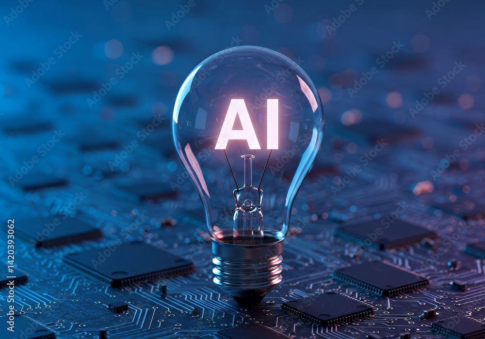 Poster artificial intelligence ai lightbulb concept on circuit board for technology and innovation ideas