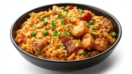 Jambalaya rice food on bowl, isolated white background.