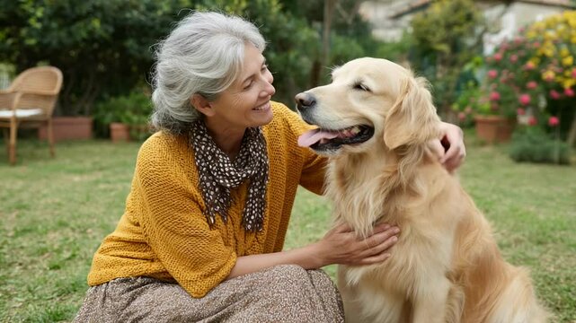 Happy senior woman petting golden retriever dog in backyard garden