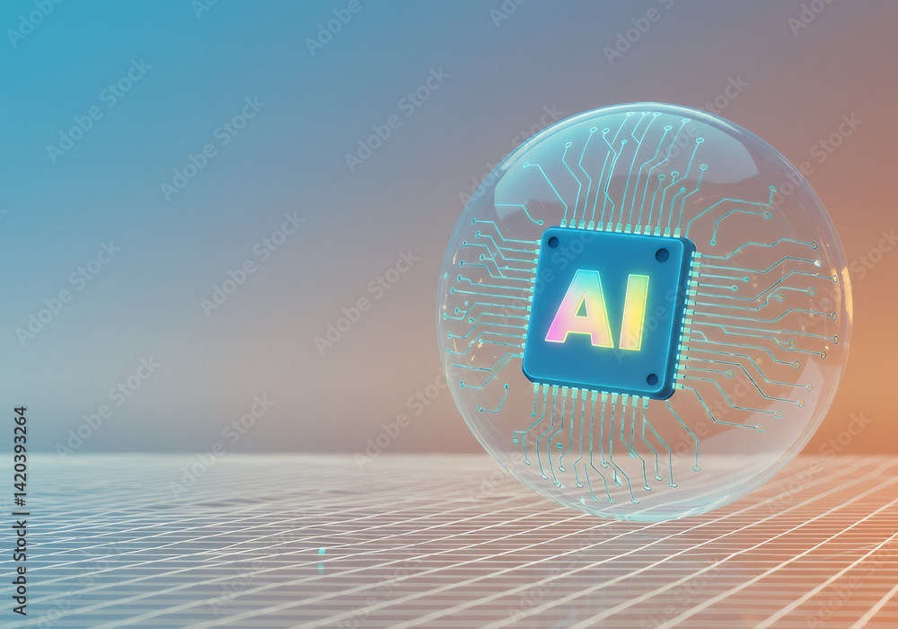 Poster ai technology concept illustration with chip in sphere for machine learning and innovation future te