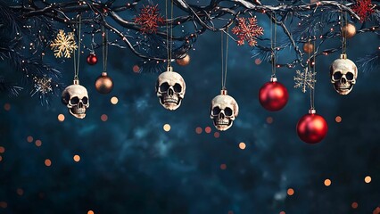 Spooky Halloween decor with skull ornaments and festive decorations. A unique combination of holiday cheer and macabre artistry