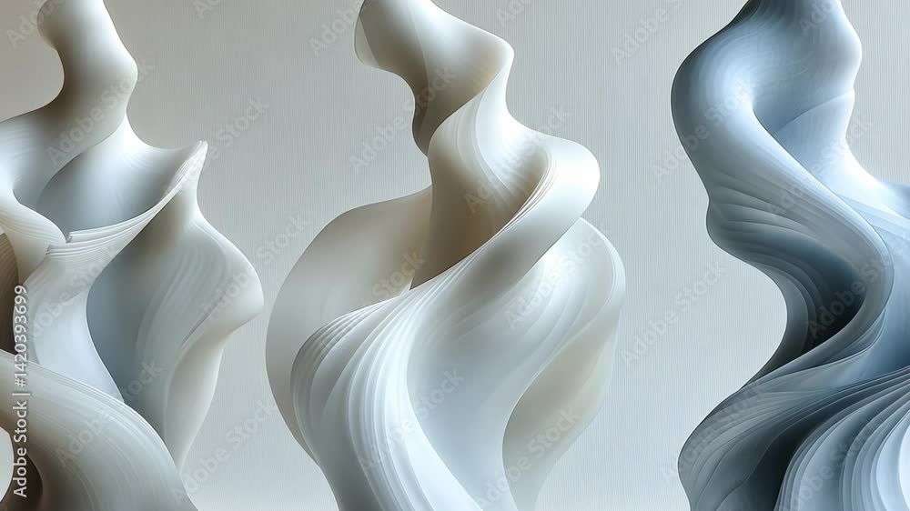 Poster Three Abstract White Sculptures With Wavy Forms And Grainy Texture On Neutral Backdrop