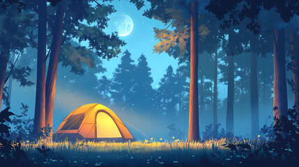 Night camping in a serene forest